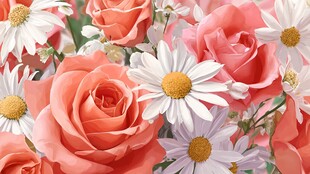 粉色玫瑰与雏菊花卉组合