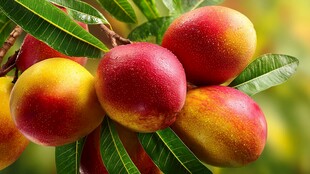 枝头鲜嫩油桃挂满绿叶间