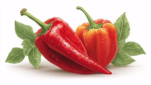 红彩椒带叶高清特写