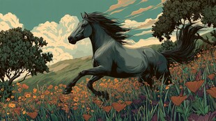 旷野奔马 繁花绿树相伴