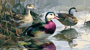 池塘边的多彩野鸭