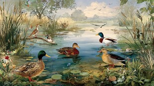 湖畔野鸭嬉戏的自然美景