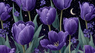 月夜紫郁金香梦幻花卉图