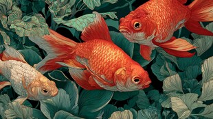 水中金鱼游弋于绿叶间