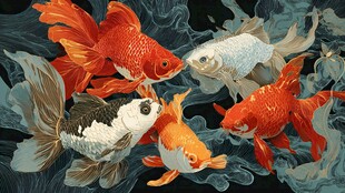 五彩金鱼畅游于水墨之间