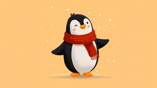 可爱企鹅戴红围巾迎雪