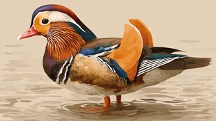 彩色鸳鸯水中优雅站立