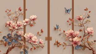 中式玉兰蝴蝶装饰墙画