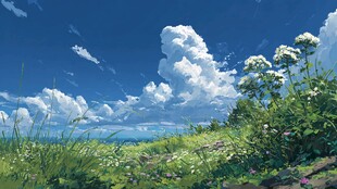 夏日草地蓝天美景图