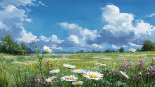 蓝天白云下的烂漫花海