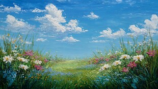 蓝天白云下的缤纷花草世界