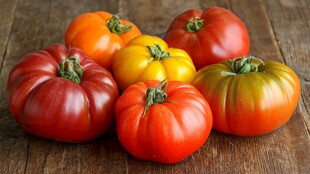 多彩番茄摆于古朴木桌