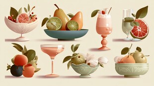 复古风水果与饮品插画
