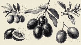 手绘黑橄榄果实与枝叶图