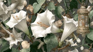 白色曼陀罗与复古灯笼景致