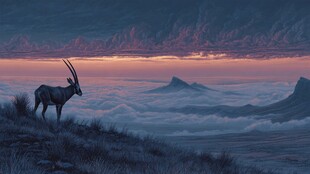 黄昏羚羊立云端美景