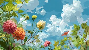 夏日繁花蓝天美景图