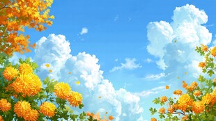 秋日繁花蓝天梦幻景致