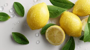 新鲜柠檬带叶水珠点缀