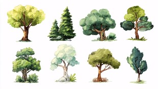 手绘多样树木插画集合