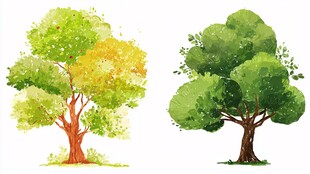 两棵水彩风格的茂盛树木