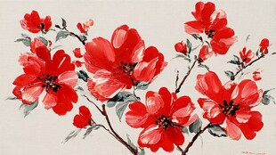 手绘红色花卉艺术画作