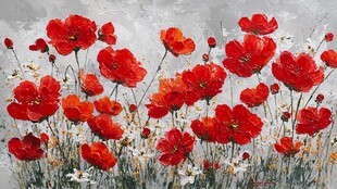 红色罂粟花海油画艺术