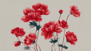 水墨风绽放的娇艳红牡丹