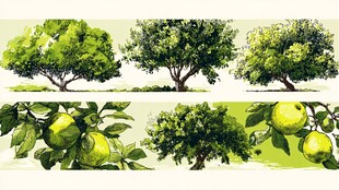 手绘翠绿果树与果实图景