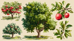 手绘苹果树及果实插画