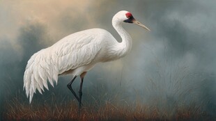 单腿站立的优雅白丹顶鹤