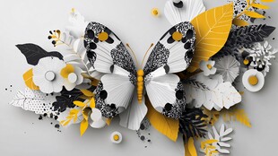 黑白黄纸艺蝴蝶花卉装饰