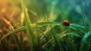 露珠上的瓢虫与晨草