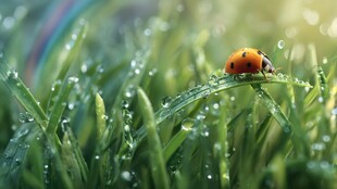 晨露青草上的可爱瓢虫