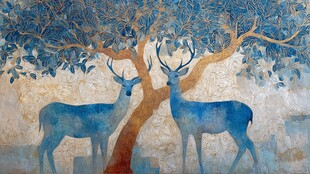 树下双鹿梦幻艺术图景