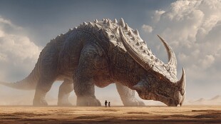 巨型恐龙漫步于荒芜沙地