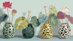 多彩花瓶插着清新荷花