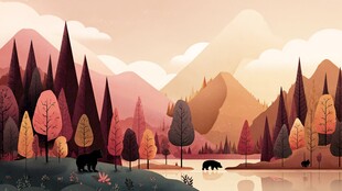 秋日山林湖畔的静谧风光