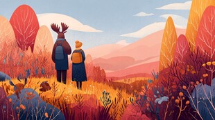 秋日旷野中人与鹿的漫步