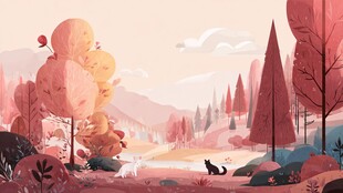 梦幻粉调森林中的可爱动物