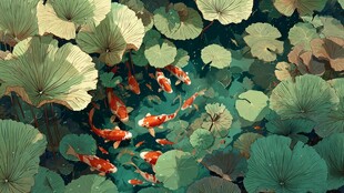 荷塘锦鲤嬉戏图