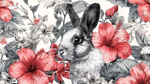 兔伴繁花 浪漫动物花卉图