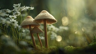 森林中的蘑菇与白色小花