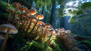 森林中蘑菇沐浴在阳光里