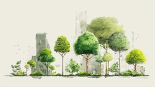 水彩绘就的清新树木景观