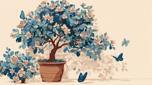 蓝花盆栽引蝶景