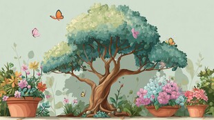 梦幻花园中的大树与彩蝶