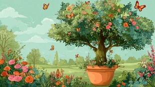 花园中繁花绿树与蝶共舞