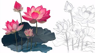 粉色荷花插画及线稿展示