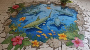 地面3D海洋鲨鱼花卉彩绘